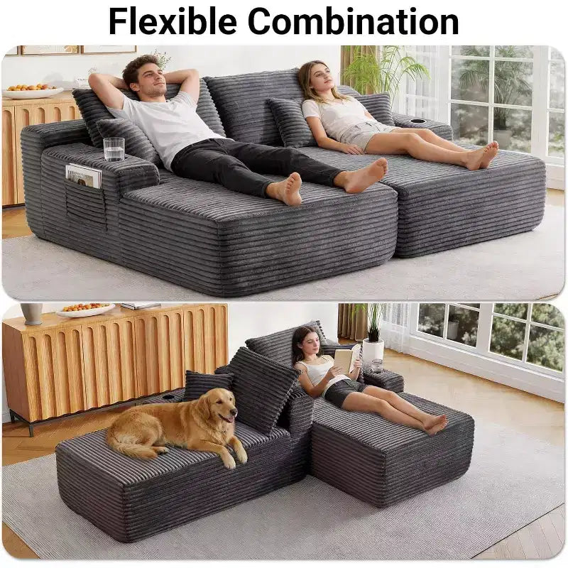 Divano Sezionale in Velluto a Coste Grigio con Chaise Longue, 2 Posti