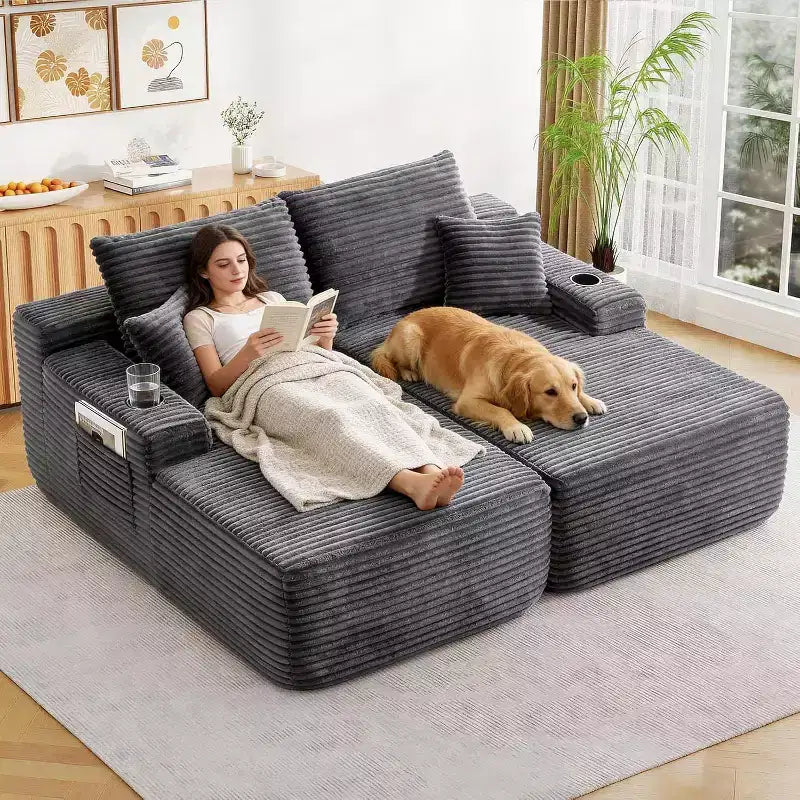 Divano Sezionale in Velluto a Coste Grigio con Chaise Longue, 2 Posti