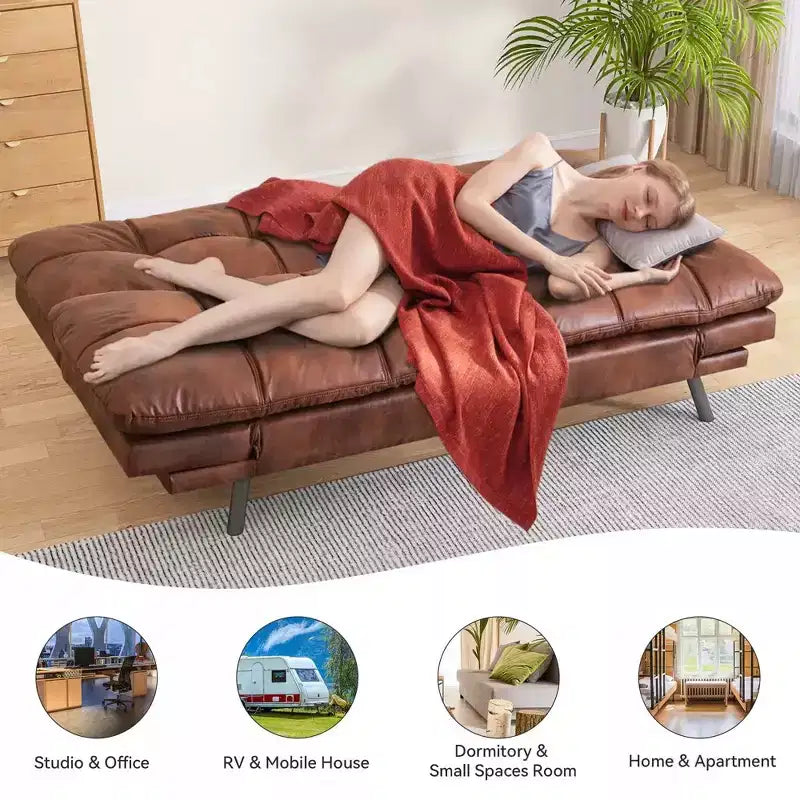Divano letto futon convertibile nero/marrone/grigio/nero opaco/bianco – Similpelle, schienale e braccioli regolabili, 3 posti