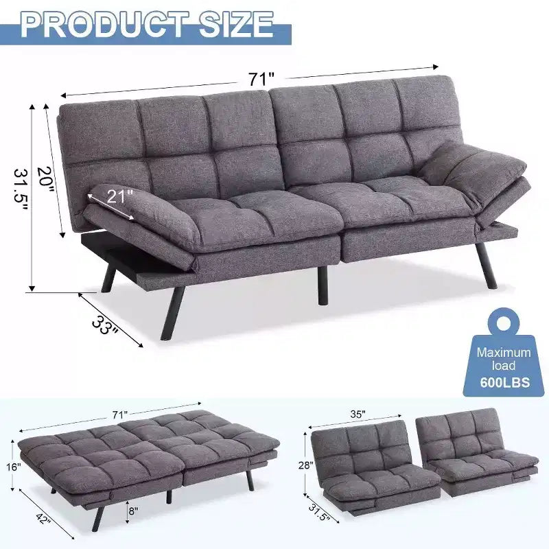 Divano letto futon convertibile nero/marrone/grigio/nero opaco/bianco – Similpelle, schienale e braccioli regolabili, 3 posti
