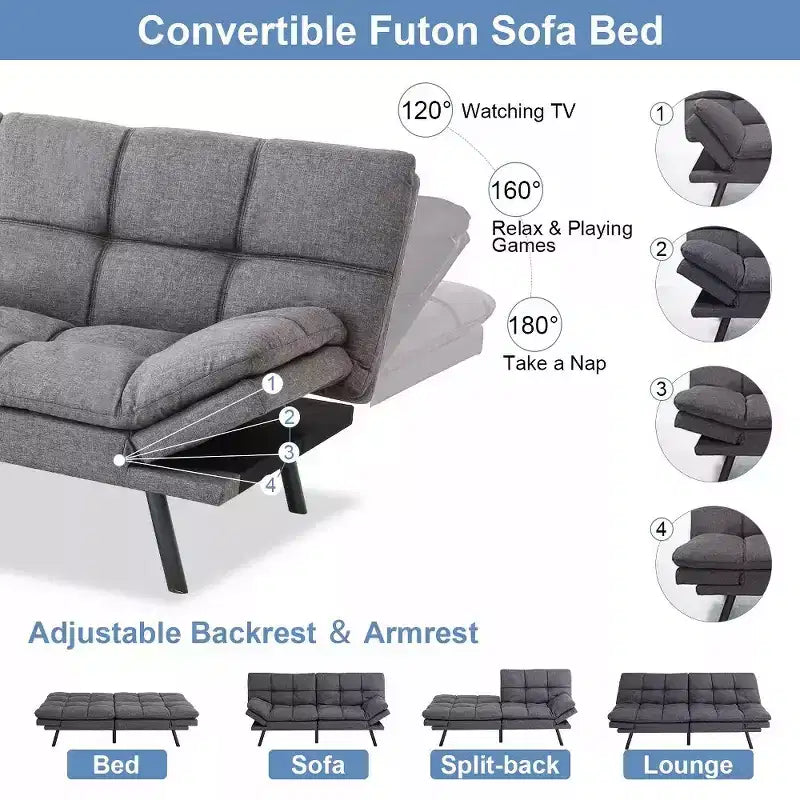 Divano letto futon convertibile nero/marrone/grigio/nero opaco/bianco – Similpelle, schienale e braccioli regolabili, 3 posti