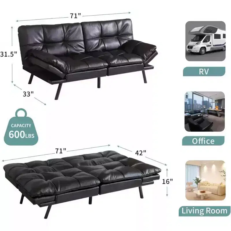 Divano letto futon convertibile nero/marrone/grigio/nero opaco/bianco – Similpelle, schienale e braccioli regolabili, 3 posti