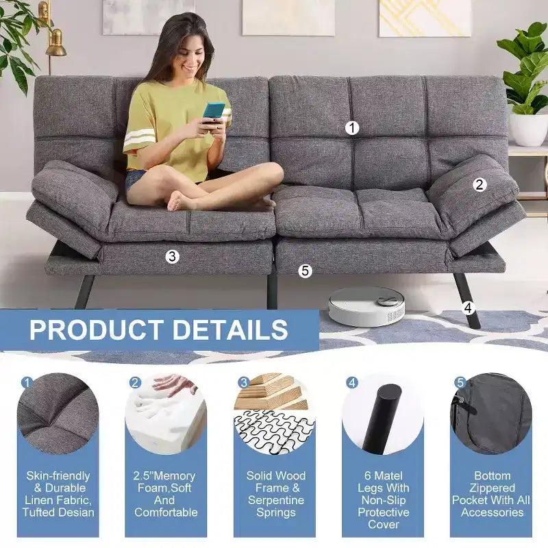 Divano letto futon convertibile nero/marrone/grigio/nero opaco/bianco – Similpelle, schienale e braccioli regolabili, 3 posti