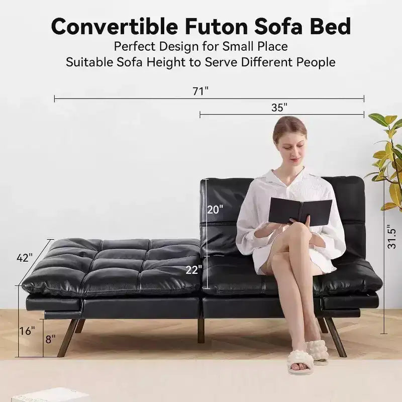 Divano letto futon convertibile nero/marrone/grigio/nero opaco/bianco – Similpelle, schienale e braccioli regolabili, 3 posti