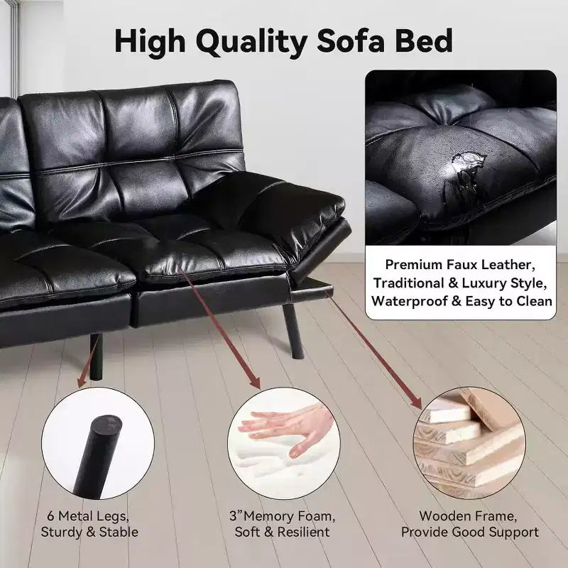 Divano letto futon convertibile nero/marrone/grigio/nero opaco/bianco – Similpelle, schienale e braccioli regolabili, 3 posti