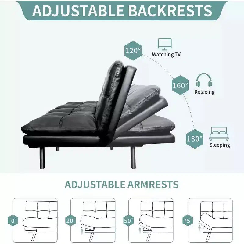 Divano letto futon convertibile nero/marrone/grigio/nero opaco/bianco – Similpelle, schienale e braccioli regolabili, 3 posti