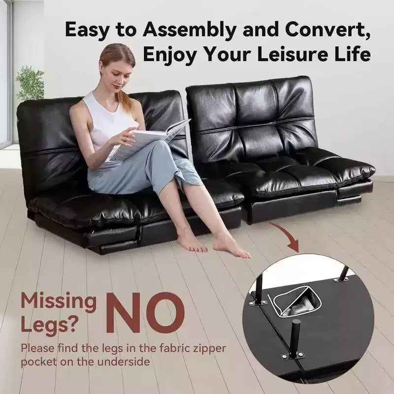 Divano letto futon convertibile nero/marrone/grigio/nero opaco/bianco – Similpelle, schienale e braccioli regolabili, 3 posti