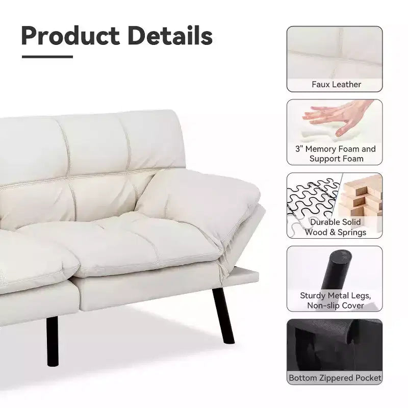 Divano letto futon convertibile nero/marrone/grigio/nero opaco/bianco – Similpelle, schienale e braccioli regolabili, 3 posti