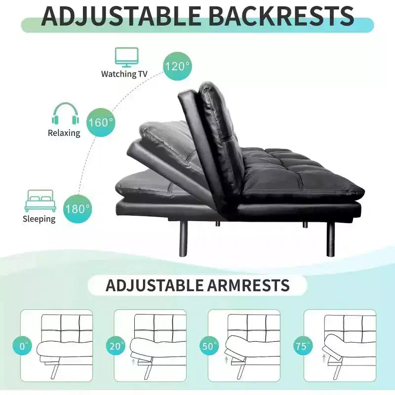 Divano letto futon convertibile nero/marrone/grigio/nero opaco/bianco – Similpelle, schienale e braccioli regolabili, 3 posti