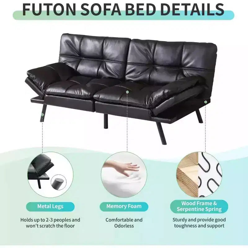 Divano letto futon convertibile nero/marrone/grigio/nero opaco/bianco – Similpelle, schienale e braccioli regolabili, 3 posti