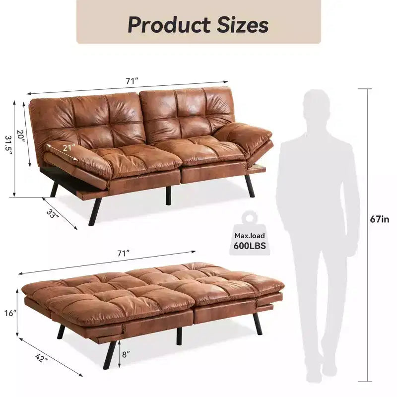 Divano letto futon convertibile nero/marrone/grigio/nero opaco/bianco – Similpelle, schienale e braccioli regolabili, 3 posti