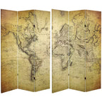 6" Double Sided Vintage World Map Canvas Room Divider Beige - Oriental Furniture: Spruce Wood Frame, No Assembly Required
