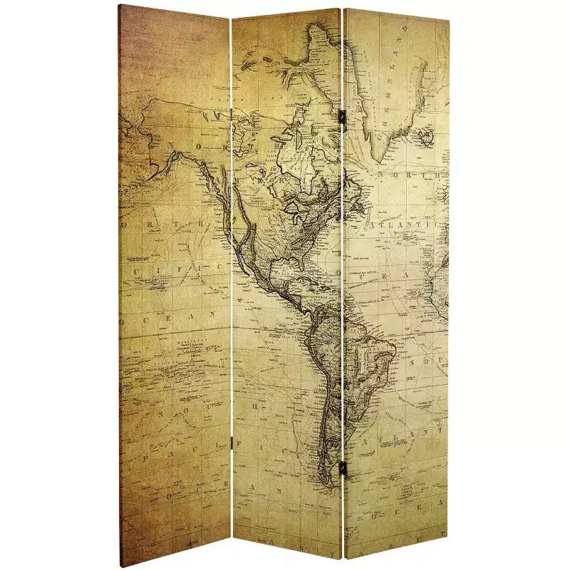 Divisorio per ambiente in tela a 3 pannelli, Mappa del mondo vintage beige