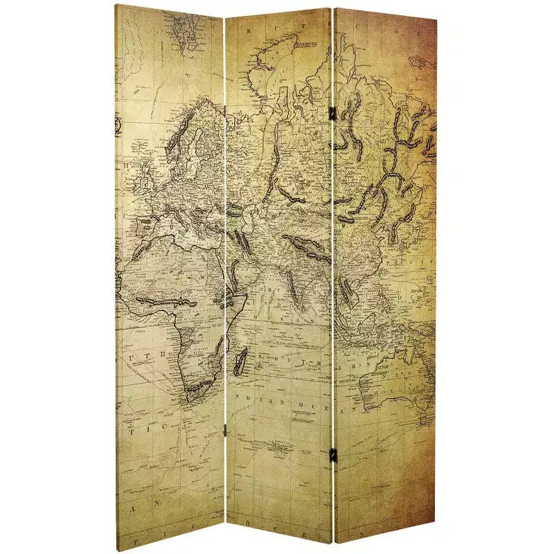 Divisorio per ambiente in tela a 3 pannelli, Mappa del mondo vintage beige
