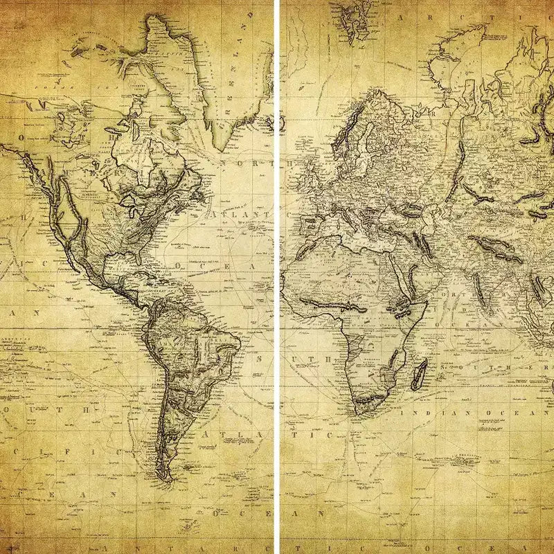 Divisorio per ambiente in tela a 3 pannelli, Mappa del mondo vintage beige