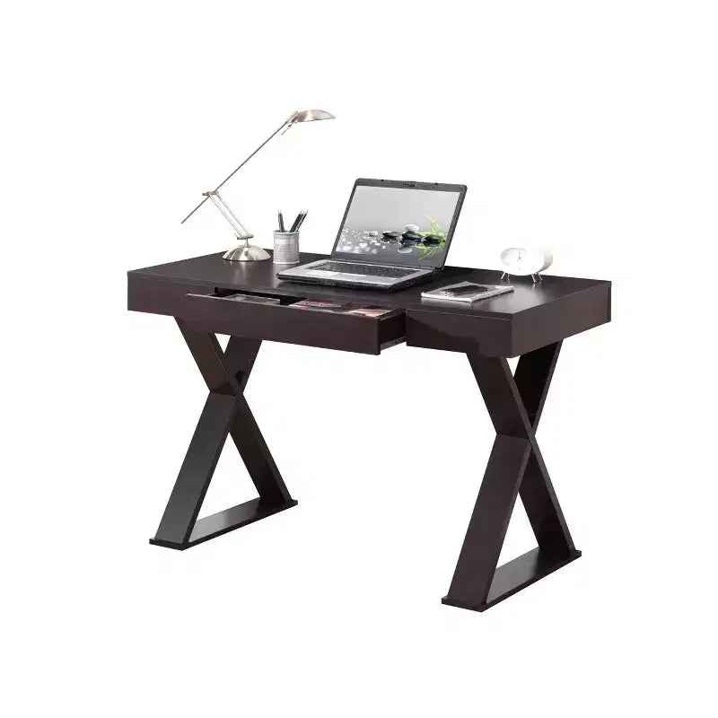 Scrivania Espresso con cassetto – Stile a gambe a X, 1 persona