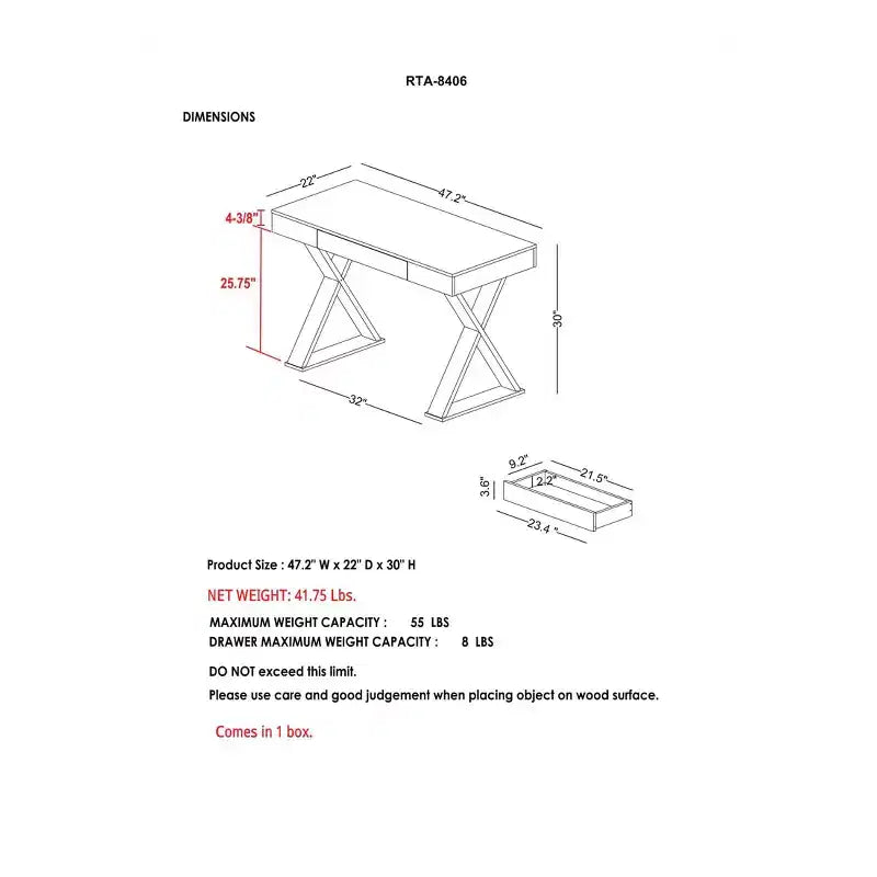 Scrivania Espresso con cassetto – Stile a gambe a X, 1 persona