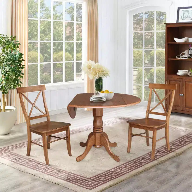 Tavolo da pranzo rotondo con ante a ribalta da 42" e 2 sedie senza braccioli, set da 3 pezzi, per 2 persone – Hickory/Washed Coal