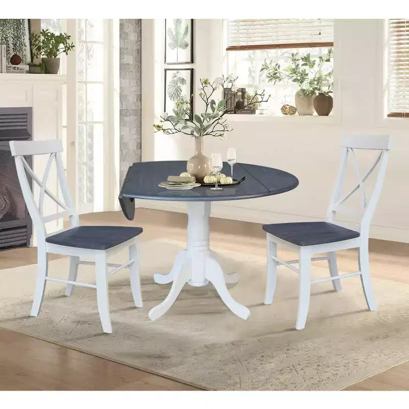 Tavolo da pranzo rotondo con ante a ribalta da 42" e 2 sedie senza braccioli, set da 3 pezzi, per 2 persone – Hickory/Washed Coal
