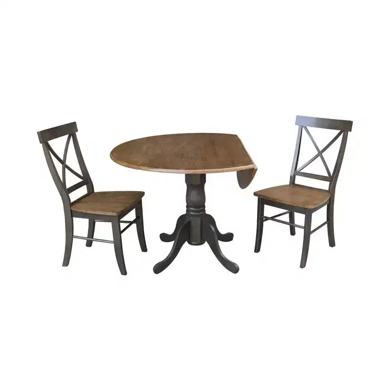 Tavolo da pranzo rotondo con ante a ribalta da 42" e 2 sedie senza braccioli, set da 3 pezzi, per 2 persone – Hickory/Washed Coal