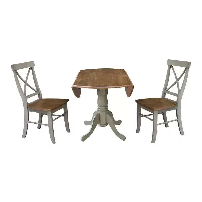 Tavolo da pranzo rotondo con ante a ribalta da 42" e 2 sedie senza braccioli, set da 3 pezzi, per 2 persone – Hickory/Washed Coal