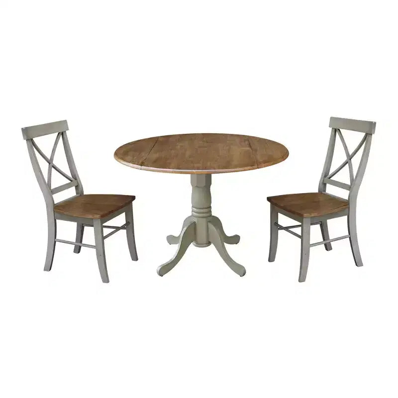 Tavolo da pranzo rotondo con ante a ribalta da 42" e 2 sedie senza braccioli, set da 3 pezzi, per 2 persone – Hickory/Washed Coal